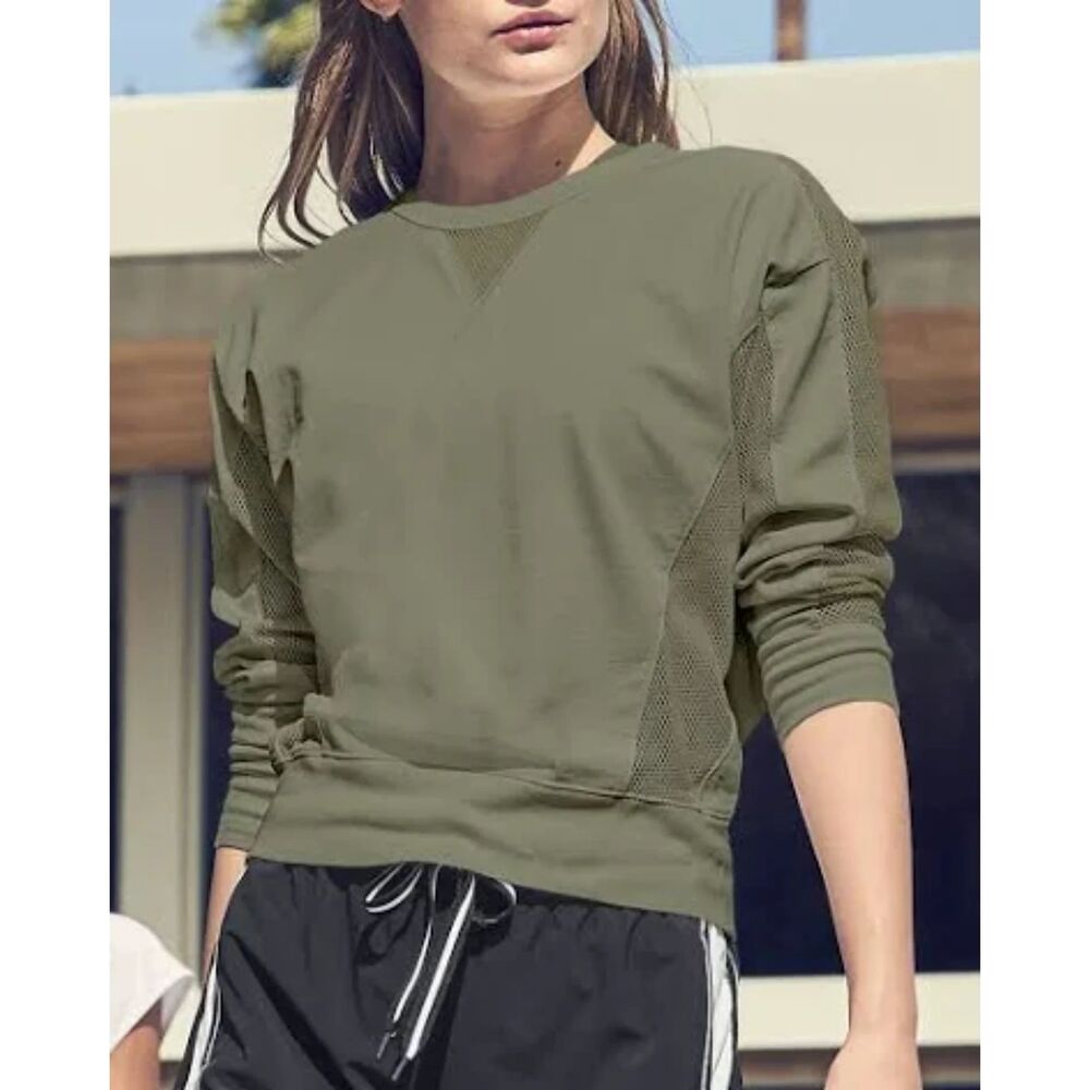 Athleta Cruise Long Sleeve Top Olive Green Mesh Panel Training Shirt - S